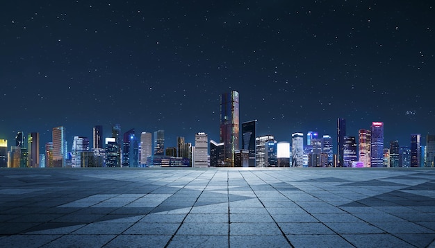 Panorama van wolkenkrabbers in een moderne stad 's nachts