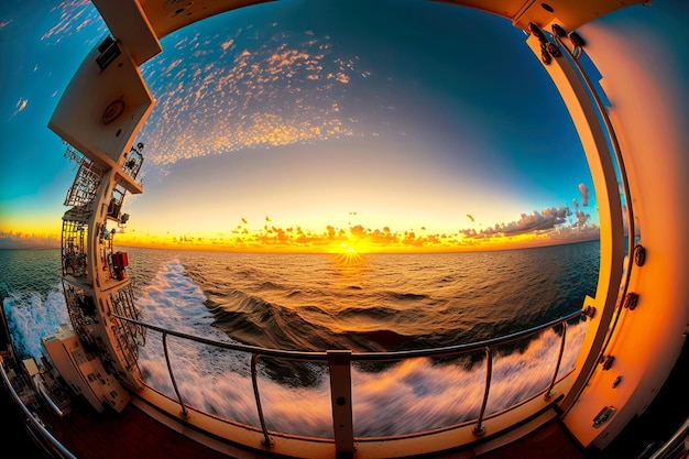 Panorama van zeereis uitzicht vanaf scheepsdek bij zonsondergang