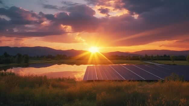 Foto panorama van zonnepanelen en alternatieve energiebron bij zonsondergang