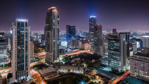 Panorama view of bangkok cityscape night scene with modern office building