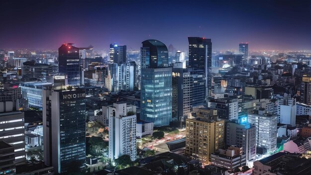 Panorama view of bangkok cityscape night scene with modern office building