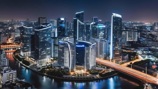 Panorama view of bangkok cityscape night scene with modern office building