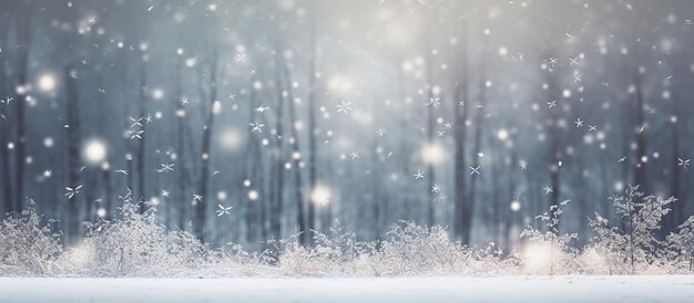 柔らかい雪の結晶とぼやけたボケ味の雪に覆われた森の背景のパノラマ ビュー