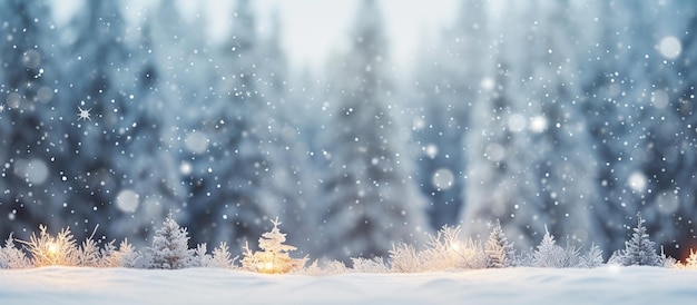 Panorama view of blurred bokeh snowy forest background with soft snowflakes