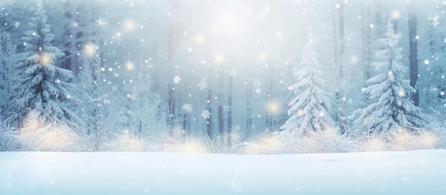 Panorama view of blurred bokeh snowy forest background with soft snowflakes