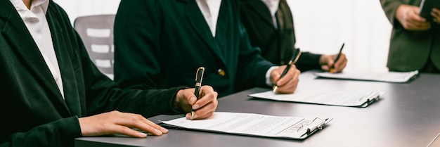 Panorama view of corporate executives sign joint business contract in boardroom negotiating partnership agreement for collaboration Professional agreement between big corporations Prodigy