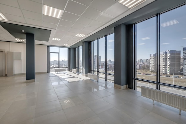 Panorama view in empty modern hall with columns doors and panoramic windows