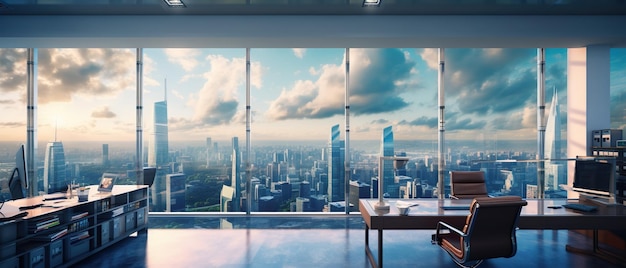 Panorama view inside office in skyscraper