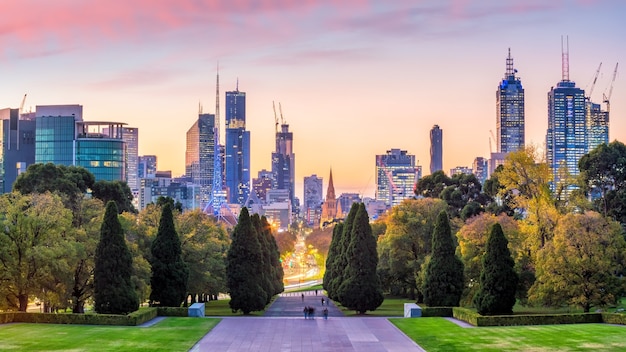 Panorama view of Melbourne city skyline at twilight in Australia