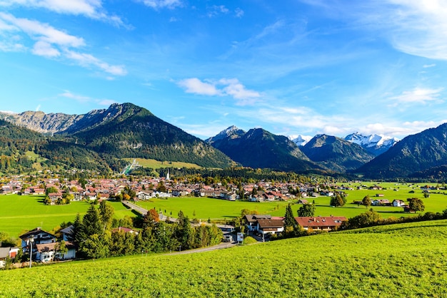 Panorama view on Obersdorf in Allgau Bavaria Bayern Germany Alps Mountains in Tyrol Austria