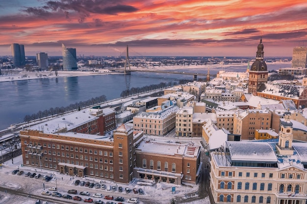 Panorama view of the Riga old town during sunny winter day, Latvia