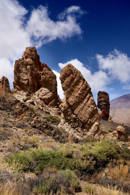 Panorama view of the Roque Cinchado, rock formation part of the Roques de Garc?a, Teide National Park. Rocks of volcanic origin, natural monument of the Tenerife island, Canary Islands in Spain.