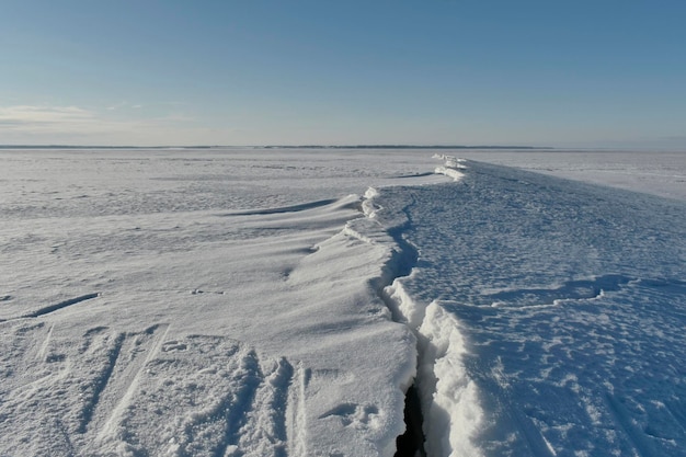 Panorama of the Volga in winter on a clear day