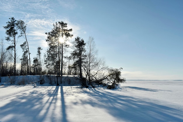 Panorama of the Volga in winter on a clear day