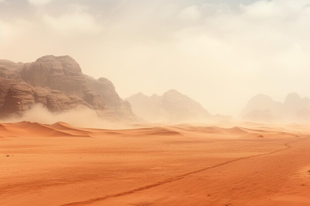 Photo panorama of the wadi rum desert in jordan during a slight sand storm