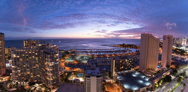 Panorama of the Waikiki night sky at sunset 