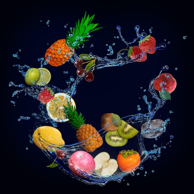 Panorama wallpaper with fruits in water fresh fruits pineapple strawberry kiwi lemon lime peach persimmon are full of vitamins for diet