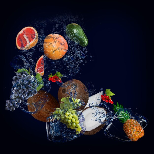 Photo panorama wallpaper with fruits in the water fresh grapefruit avocado grapes coconut currant pineapple are full of vitamins and are useful during a diet