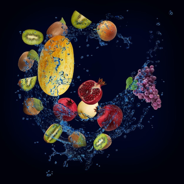 Panorama wallpaper with fruits in the water fresh kiwi melon pear pomegranate grapes are full of vitamins constituting the diet and human health