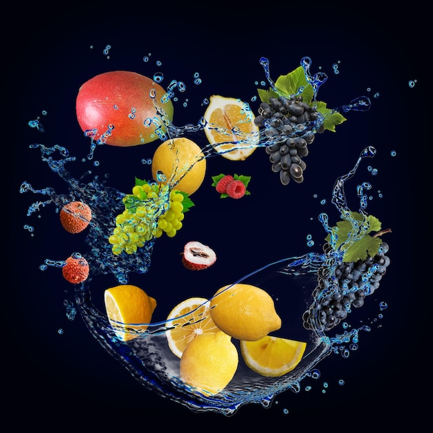 Panorama wallpaper with fruits in water fresh mango lemon grapes lychees raspberries are full of vitamins and delicious