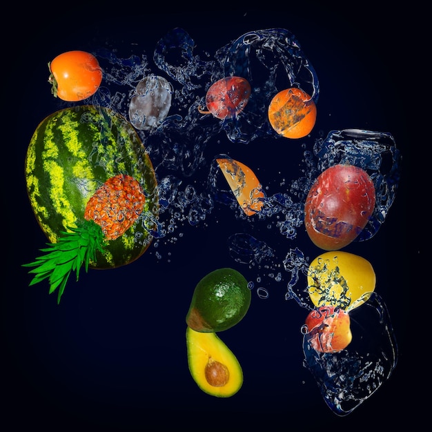 Panorama wallpaper with fruits in the water fresh pineapple watermelon avocado persimmon apple mango are full of vitamins for the diet