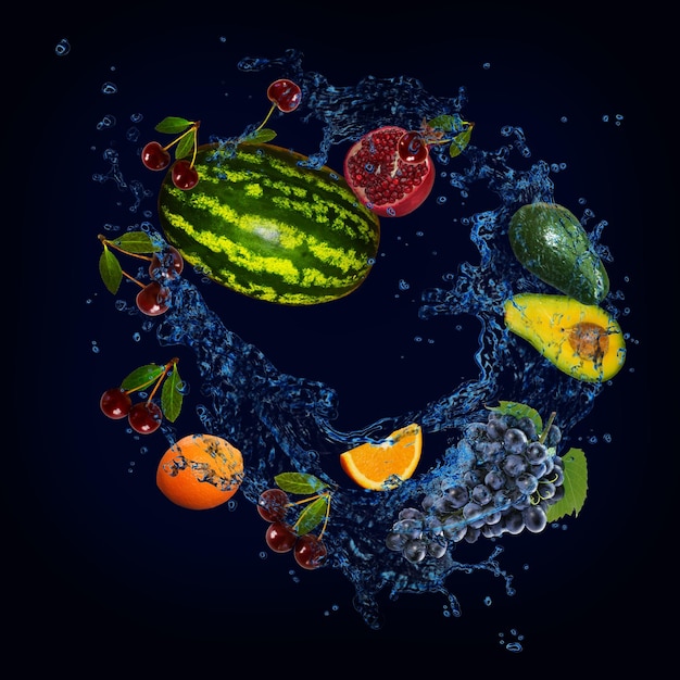 Panorama wallpaper with fruits in the water fresh pomegranate watermelon cherry orange grapes are full of vitamins for the diet