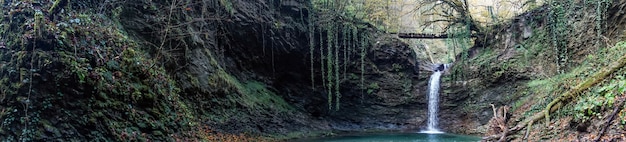 Panorama of Waterfall Azhek, Hiking in forest of Sochi, Russia.