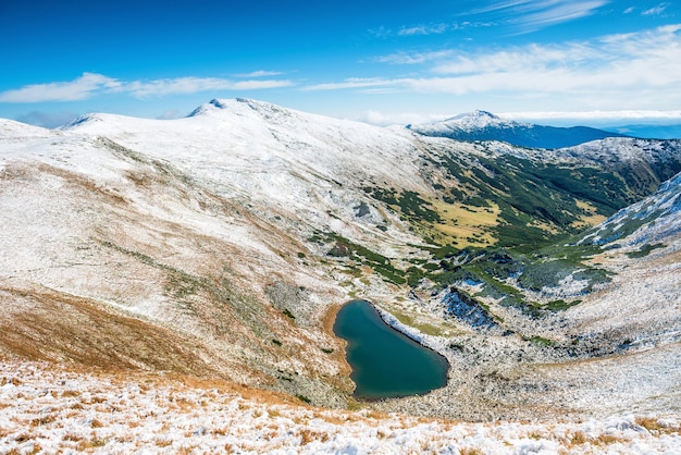 Panorama di montagne bianche con lago blu