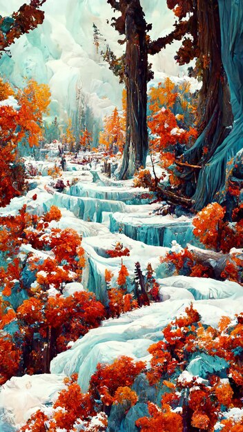 Panorama of winter forest with snow and ice scene 3D illustration