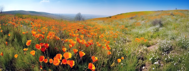 Panorama with blooming spring flowers in field meadow against blue sky in summer