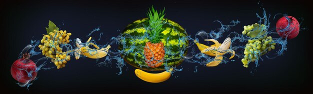 Photo panorama with fresh fruits in the water grapefruit melon pomegranate grapes kiwi a very tasty dessert for the new year christmas and halloween