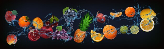 panorama with fresh fruits in water lemon lime tangerine orange plum pineapple grapes pomegranate persimmon peach a very tasty dessert for halloween christmas and new year