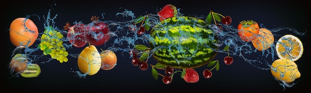 Photo panorama with fresh fruits in the water watermelon grapes cherries kiwi grapefruit lemon cherry strawberry persimmon a very tasty dessert for the new year christmas and halloween