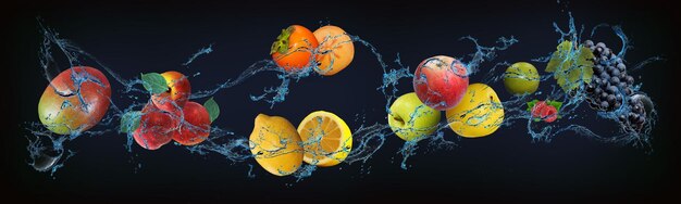 Фото Панорама с фруктами в воде сочный манго персик хурма лимон яблоко лайм малина виноград вкусная и полезная пища для нашего организма