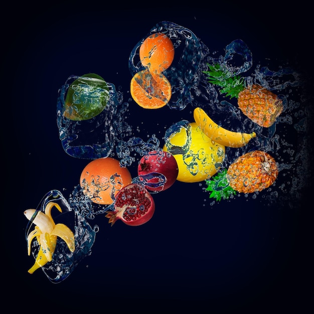 Photo panorama with fruits in splashes of water juicy banana orange avocado grapefruit pineapple pomegranate melon avocado delicious dessert for the festive table