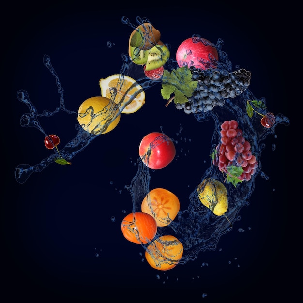 Photo panorama with fruits in splashes of water juicy cherries lemon kiwi apple grapes rusha persimmon are full of vitamins and nutrients