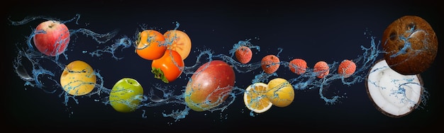 Панорама с фруктами в воде сочное яблоко хурма манго личи лимон кокос вкусный десерт к праздничному столу