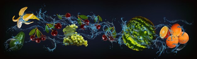 Панорама с фруктами в воде сочный авокадо банан виноград вишни арбуз апельсин витамины и минералы подарок от солнца