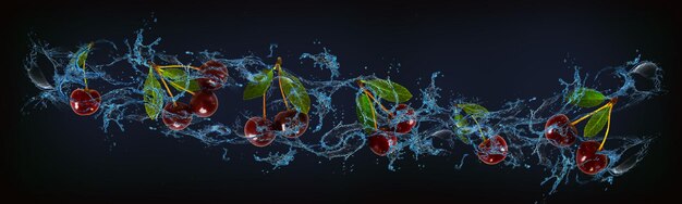 Panorama with fruits in water juicy cherries are full of vitamins and minerals