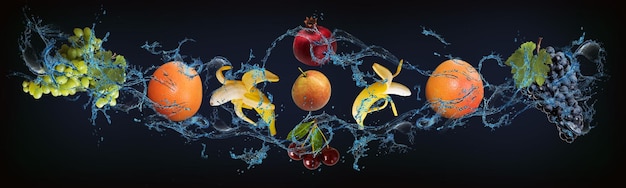 Photo panorama with fruits in water juicy grapes grapefruit banana pomegranate cherry help people to improve their health