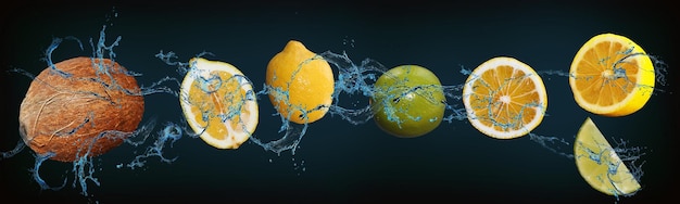 Панорама с фруктами в воде сочный лимонно-лаймовый кокос наполнен витаминами и питательными веществами и вкусный десерт к праздничному столу