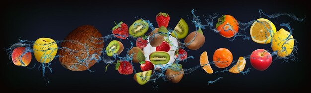 Panorama with fruits in water juicy peach apple coconut kiwi strawberry persimmon tangerine lemon are delicious and healthy food for our body