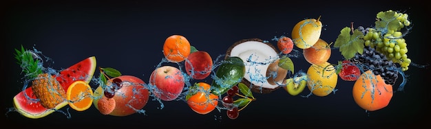 물에 담긴 과일과 함께 파노라마 즙이 많은 파인애플 오렌지 망고 열매 사과 귤 복숭아 체리 코코넛 키위 배 포도 자몽 하루 종일 활력을 유지하는 데 도움이 됩니다