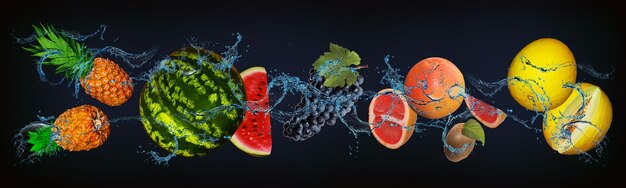 Panorama with fruits in water juicy pineapple watermelon grapes grapefruit kiwi melon a delicious dessert for the festive table