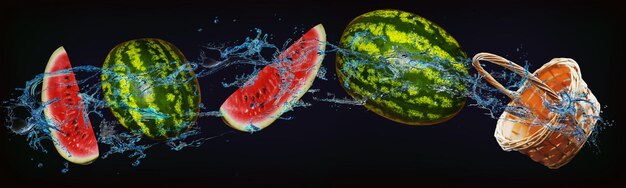 Panorama with fruits in water juicy watermelons are filled with various vitamins and are very tasty