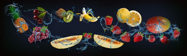 Photo panorama with fruits in water pineapple cherry grapes banana melon lemon strawberry mango strengthen our health with useful substances