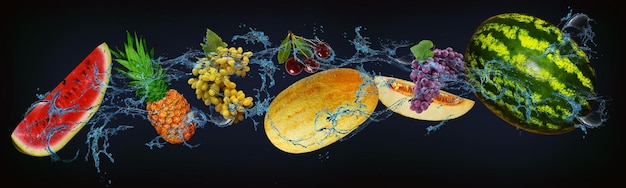Панорама с фруктами в воде арбуз ананас виноград дыня вишня полная витаминов и минералов