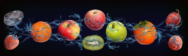 물 리치 매실 키위 사과에 수분이 많은 과일 과일이 있는 파노라마는 건강에 매우 유용하며 많은 비타민이 포함된 축제 테이블을 위한 맛있는 디저트
