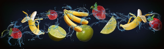 물에 즙이 많은 과일이 있는 파노라마 맛있는 바나나 라임 딸기는 유용한 물질 비타민과 축제 테이블을 위한 맛있는 디저트로 가득합니다