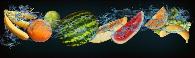 Панорама с сочными фруктами в воде вкусный виноград арбуз апельсин банан лайм наполнен витаминами и питательными веществами и вкусный десерт для вкусной еды